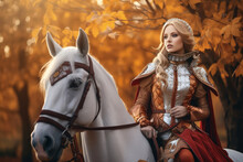 Portrait Of Beautiful Woman Princess Warrior In Gold Dress Riding At Horse In Autumn Forest Weird Fantasy Cosplay Illustration. Fairy Tale World Realistic Image Made With Generative AI