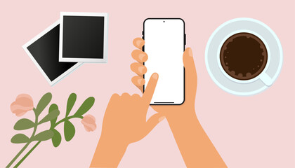 Poster - Using smart phone at home, Hand holding phone and searching on internet with a cup of tea. Top view vector illustration.