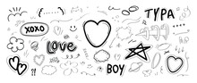 Set Of Cute Pen Line Doodle Element Vector. Hand Drawn Doodle Style Collection Of Heart, Flower, Star, Word, Arrow, Speech Bubble, Butterfly. Design For Decoration, Sticker, Idol Poster, Social Media