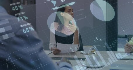 Poster - Animation of statistics and data processing over biracial businesswoman in office