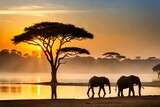 Fototapeta Sawanna - Beautiful Nature Around The World - A breathtaking sunset over the African savannah, silhouettes of acacia trees against the golden sky