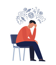 Young Man Is Sitting Surrounded By Stream Of Thoughts, Chaos In Head. Mental Disorder, Anxiety, Depression, Stress, Headache. Dizziness, Sad, Anxious Thoughts, Emotional Burnout. Vector Illustration.