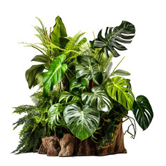 Poster - Jungle tree trunk with climbing Monstera (Monstera deliciosa), bird’s nest fern, philodendron and forest orchid green leaves tropical foliage plants isolated on white background with clipping path.