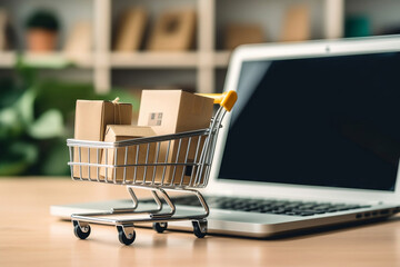 Wall Mural - Tiny shopping cart and parcels in front of laptop computer on the table with blurred background, delivery service, e-commerce, online shopping and marketplace concept.