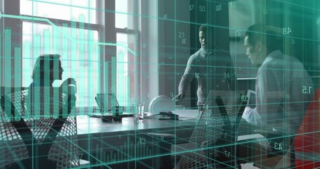 Poster - Animation of statistics and data processing over diverse business people in office