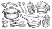 Set Of Kitchen Utensils For Cooking. Food Concept. Sketch Vintage Illustration For Restaurant Or Diner Menu