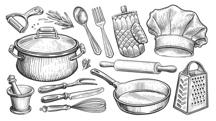 set of kitchen utensils for cooking. food concept. sketch vintage illustration for restaurant or din