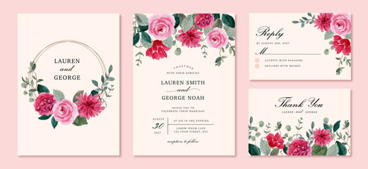 wedding invitation with vintage pink floral watercolor frame