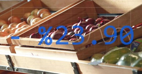 Poster - Animation of statistics and data processing over vegetables in baskets in food shop