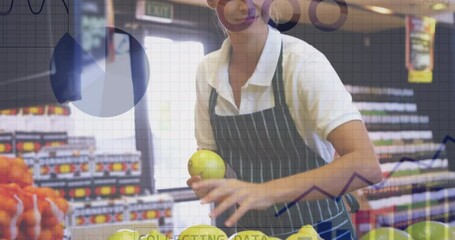 Poster - Animation of statistics data processing over caucasian woman working in supermarket