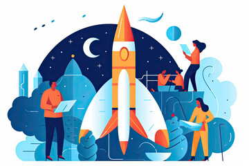 Poster - Flat illustration of business people at work with a rocket