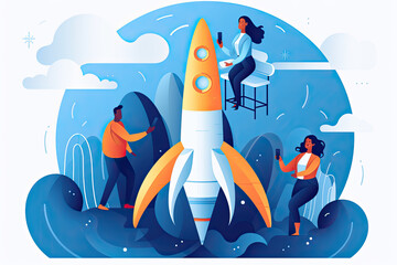 Poster - Flat illustration of business people at work with a rocket