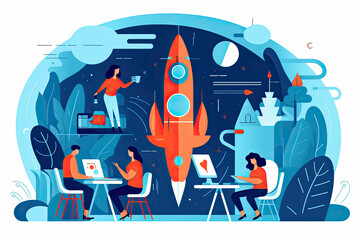 Poster - Flat illustration of business people at work with a rocket
