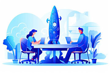 Poster - Business people working on rocket vector illustration