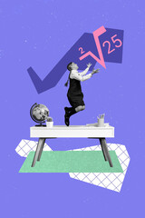 Wall Mural - Vertical collage template of funky school girl jumping throwing square root mathematics count arithmetic isolated on purple background