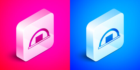 Sticker - Isometric Warehouse icon isolated on pink and blue background. Silver square button. Vector