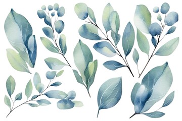  Eucalyptus watercolor set separate white background