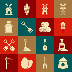 Sticker - Set Bag of flour, Cereals with rice, wheat, corn, oats, rye, Windmill, Garden rake, Can container for milk, and Roll hay icon. Vector