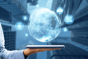Poster - Close up of female hand holding cellphone with glowing polygonal globe on blurry city background. AI, technology and futuristic network concept. Double exposure.