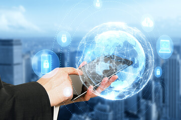 Aufkleber - Close up of businessman hand using cellphone with glowing polygonal globe on blurry city background. AI, technology and futuristic network concept. Double exposure.