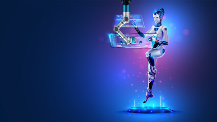 Aufkleber - AI in image robot woman working with futuristic interface on transparent computer touch screen. Artificial intelligence analyst data on display of computer. Female cyborg. Artificial neural networks.
