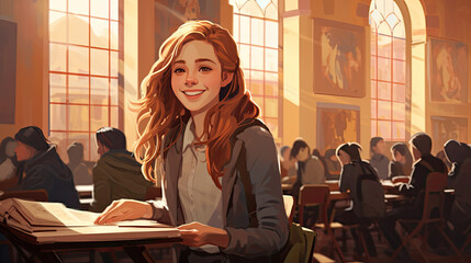 Wall Mural - Teenage student female posing smiling in classroom. Generative AI