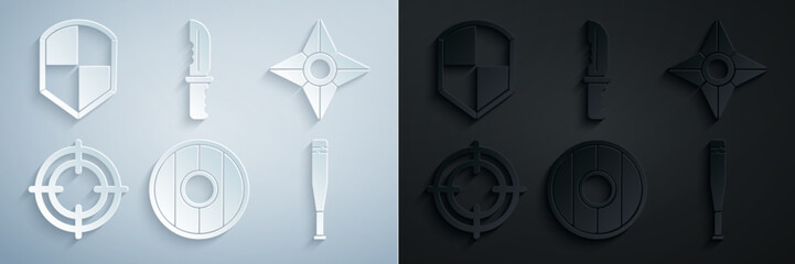 Poster - Set Round wooden shield, Japanese ninja shuriken, Target sport, Baseball bat, Military knife and Shield icon. Vector