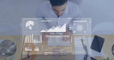 Poster - Animation of data processing over asian businessman in office using computer
