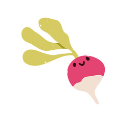 Poster - Cute happy radish smiling. Funny amusing food character, joyful face expression, positive emotion, mood. Comic cheerful vegetable sticker. Flat vector illustration isolated on white background