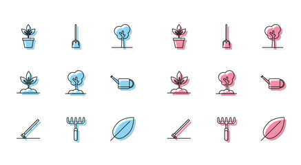 Poster - Set line Garden rake in work, Flowers pot, Leaf, Tree the ground, Watering can, Plant and Shovel icon. Vector