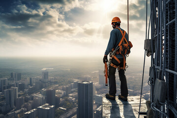 Wall Mural - construction engineer worker at heights,architecture sci-fi construction working platform on top of building, suspended cables, fall protection and scaffolding installation.