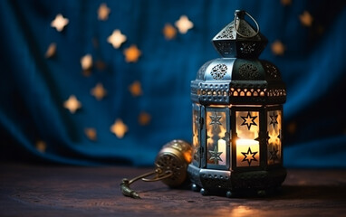 The Muslim feast of the holy month of Ramadan Kareem. Beautiful background with a shining lantern Fanus. Free space for your text