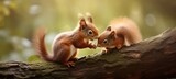 Wildlife animal photography background - Two sweet young red squirrels (sciurus vulgaris) babies kissing on a mossy tree trunk in forest, (Generative Ai)..