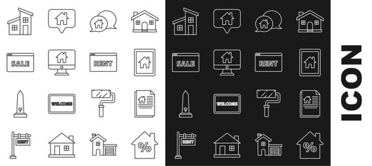 Sticker - Set line House with percant discount tag, contract, Tablet and smart home, building in speech bubble, Computer monitor, Hanging sign text Online Sale, and Rent icon. Vector