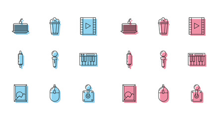 Sticker - Set line Picture landscape, Computer mouse, Cake, Joystick for arcade machine, Music synthesizer, Rolling pin and Popcorn cardboard box icon. Vector