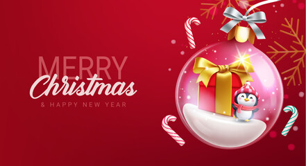 Wall Mural - merry christmas text vector design. christmas crystal ball with snow and gift elements hanging in el