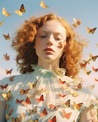 Wall Mural - A pastel-hued portrait of a woman with red hair and vibrant butterflies fluttering around her captures a fleeting moment of freedom and joy