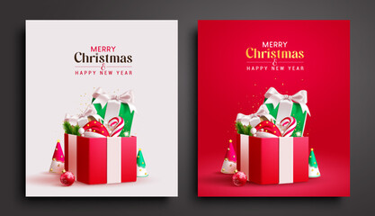 Wall Mural - Christmas vector poster set. Merry christmas and happy new year greeting text with gift boxes elements and ornaments. Vector illustration invitation postcard lay out collection.