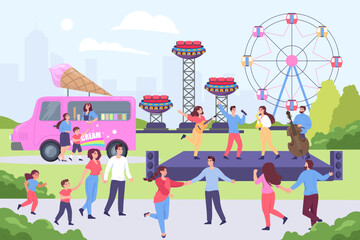 band performing at summer festival vector illustration. people and children dancing in front of stag