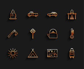 Sticker - Set line Sun, Tourist tent, Cup of tea with tea bag, Folded map location, Suitcase, Parking, Meteorology thermometer and Kettle handle icon. Vector