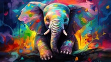 Painting Style Illustration, Happy Baby Elephant With Color Splash, Generative Ai