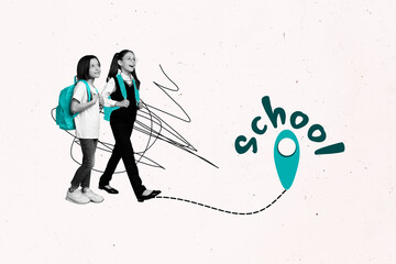 Sticker - Creative collage image of two black white colors positive girls carry backpack walk way road school navigation location mark