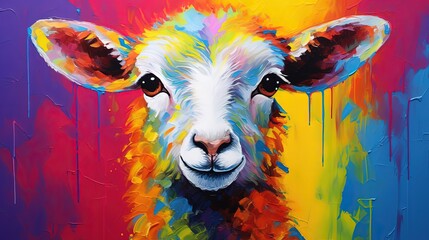Wall Mural -  painting style illustration, happy baby sheep with color splash, Generative Ai