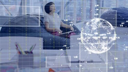 Wall Mural - Animation of globe and data processing over asian businesswoman in office