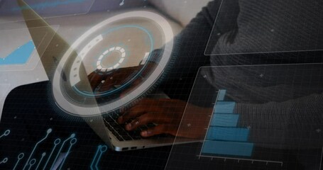 Wall Mural - Animation of scope scanning and data processing over african american businessman using laptop