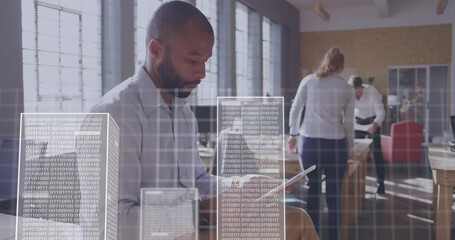 Poster - Animation of statistics and data processing over diverse business people in office