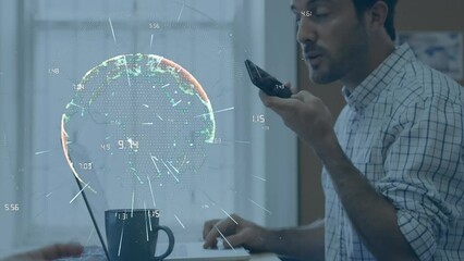 Poster - Animation of connections with globe over caucasian businessman in office