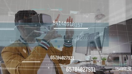 Poster - Animation of data processing over asian businessman wearing vr headset in office