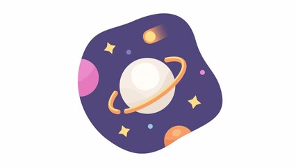 Poster - Galaxy space planets 2D animation. Universe saturn planet with ring 4K video motion graphic. Solar system. Cosmos saturn. Blinking stars in space color animated cartoon flat concept, white background