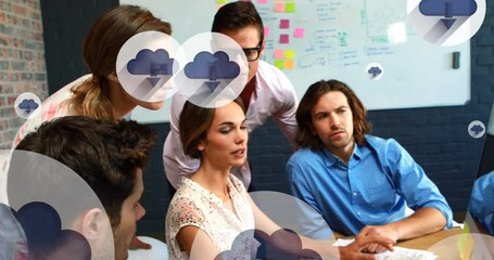 Poster - Animation of network of cloud icons over diverse business people in office